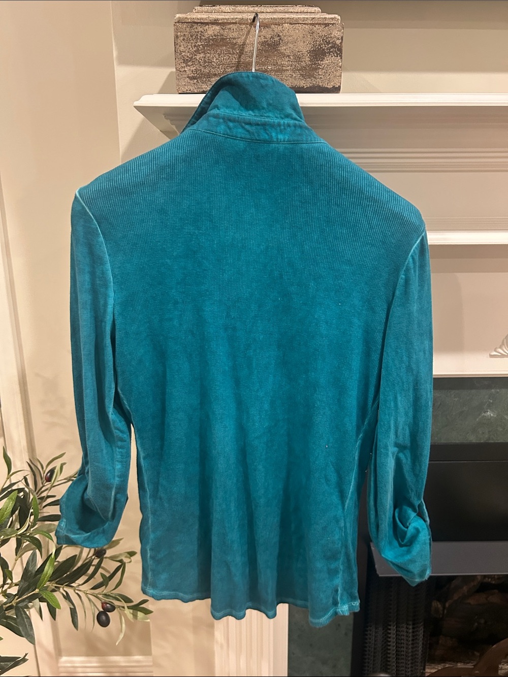 FINAL -Reba Teal Cotton Button-Down Shirt with Rhinestone Embellishment - Picture 3 of 4